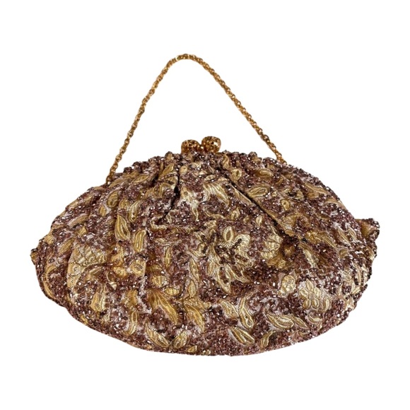 Walborg 1950's Vintage Gold Beaded Purse Evening Bag, Rhinestone Kiss Closure - Picture 1 of 9